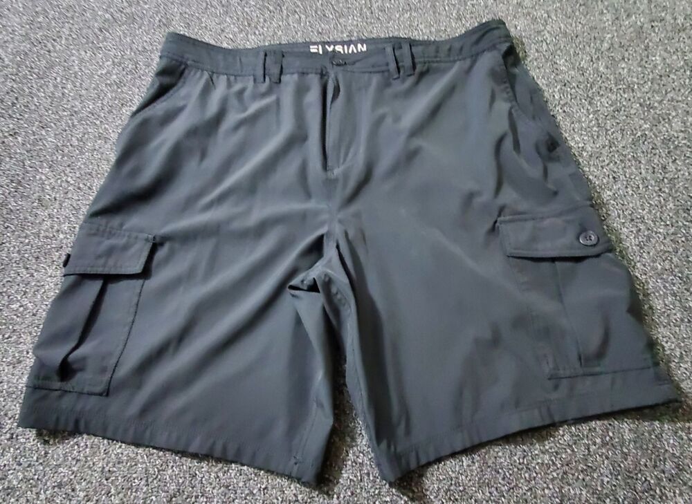 Elysian Hybrid Cargo Shorts Men 40 Black 9" Chino Stretch Button Pockets Outdoor